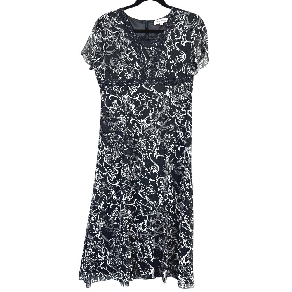 VTG Baton Rouge Swirl Print Dress Women's Medium‎ Lace Regenycore Empire Waist